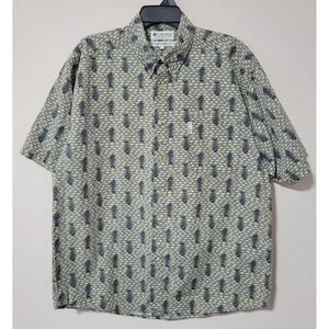 Columbia Button Up Shirt Mens Large Green Fish Print Outdoors Short Sleeve